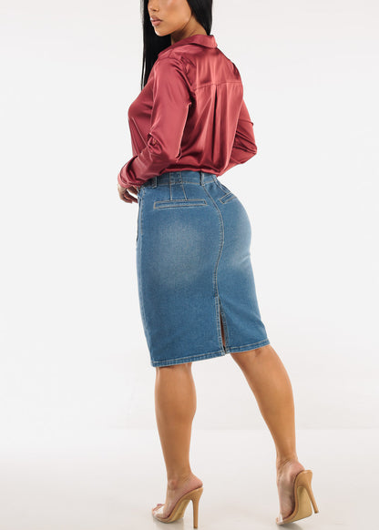 Butt Lift High Waist Stretch Denim Pencil Skirt Med Wash