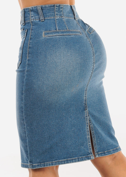 Butt Lift High Waist Stretch Denim Pencil Skirt Med Wash