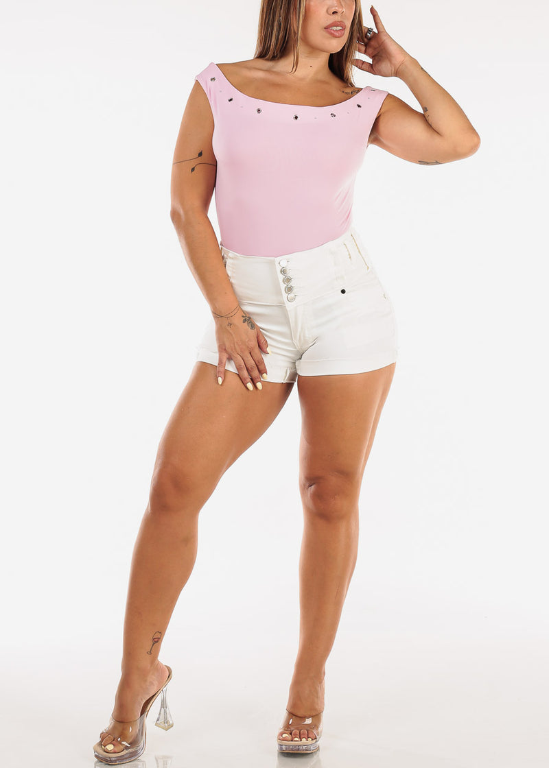 MX JEANS Butt Lift High Waist Stretch Cuffed Denim Shorts White