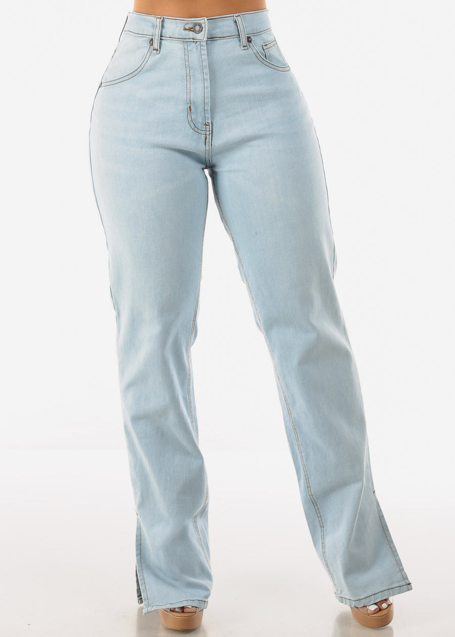 High Waist Wide Leg Straight Stretch Jeans Light Blue