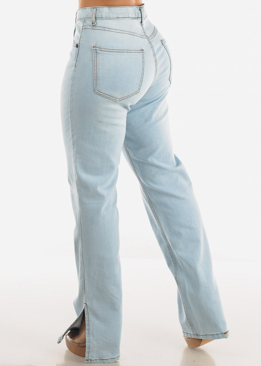 High Waist Wide Leg Straight Stretch Jeans Light Blue