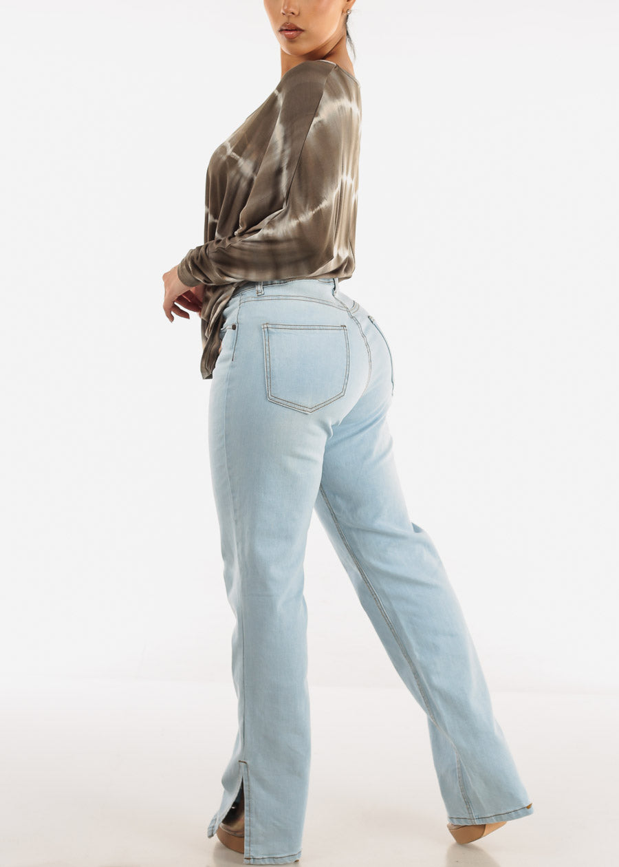 High Waist Wide Leg Straight Stretch Jeans Light Blue