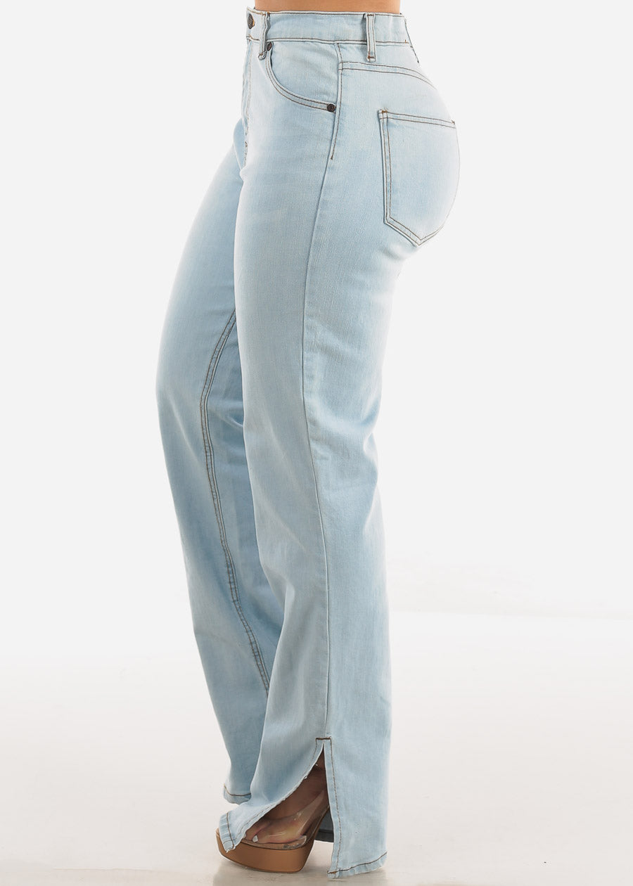 High Waist Wide Leg Straight Stretch Jeans Light Blue