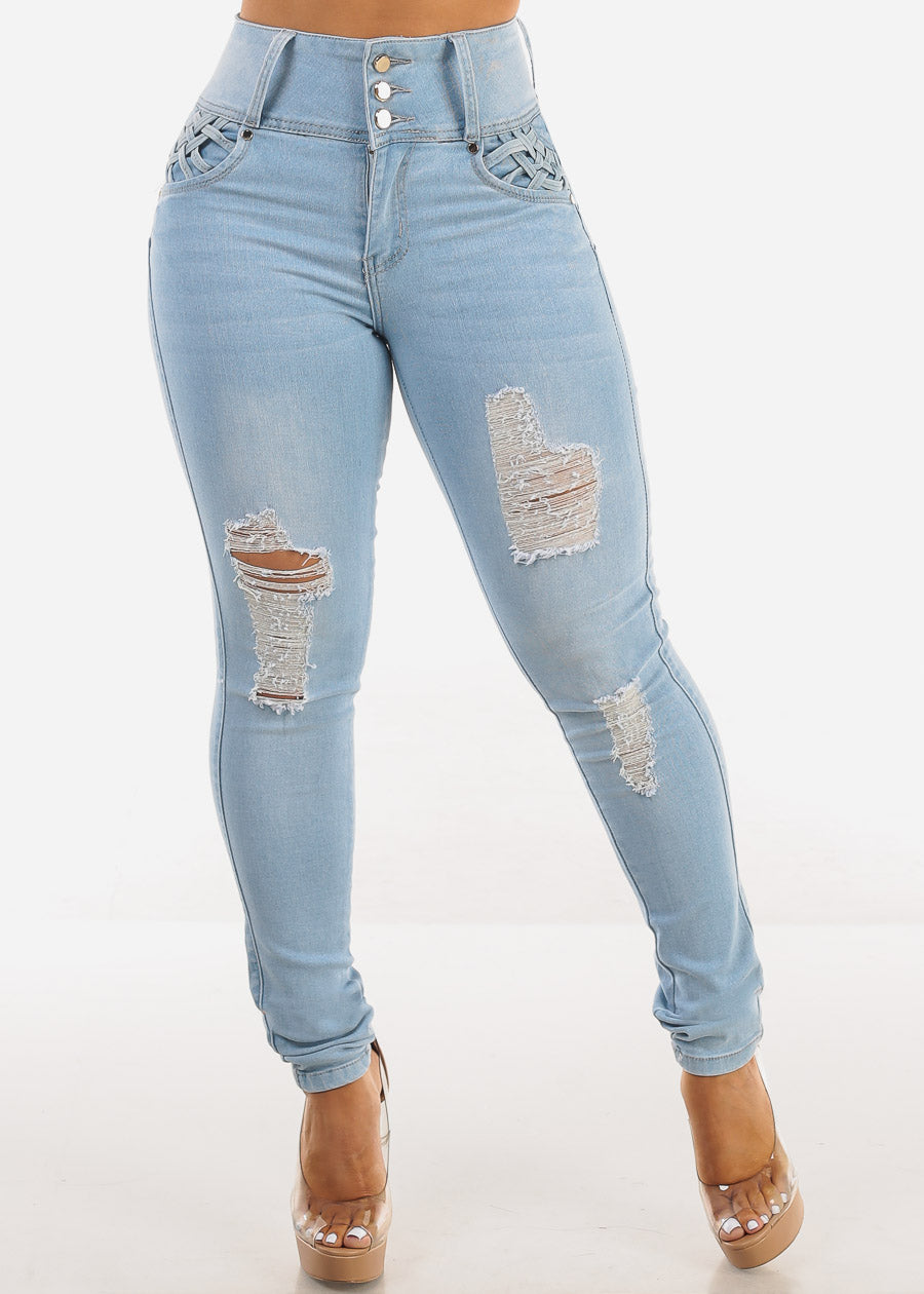 Butt Lift Distressed Super High Waist Light Skinny Jeans