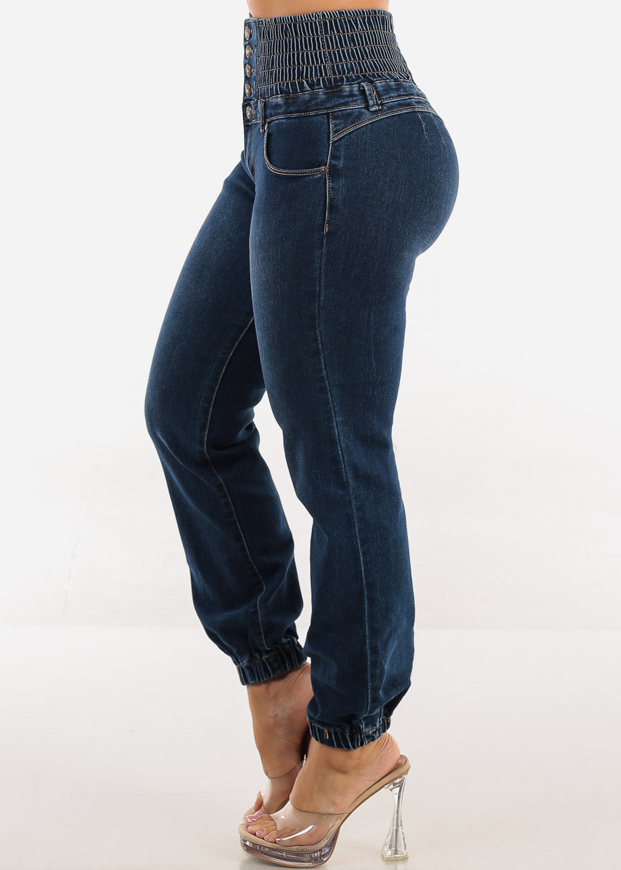 MX JEANS Butt Lift 5 Button Spandex Waist Jogger Jeans Dark Wash
