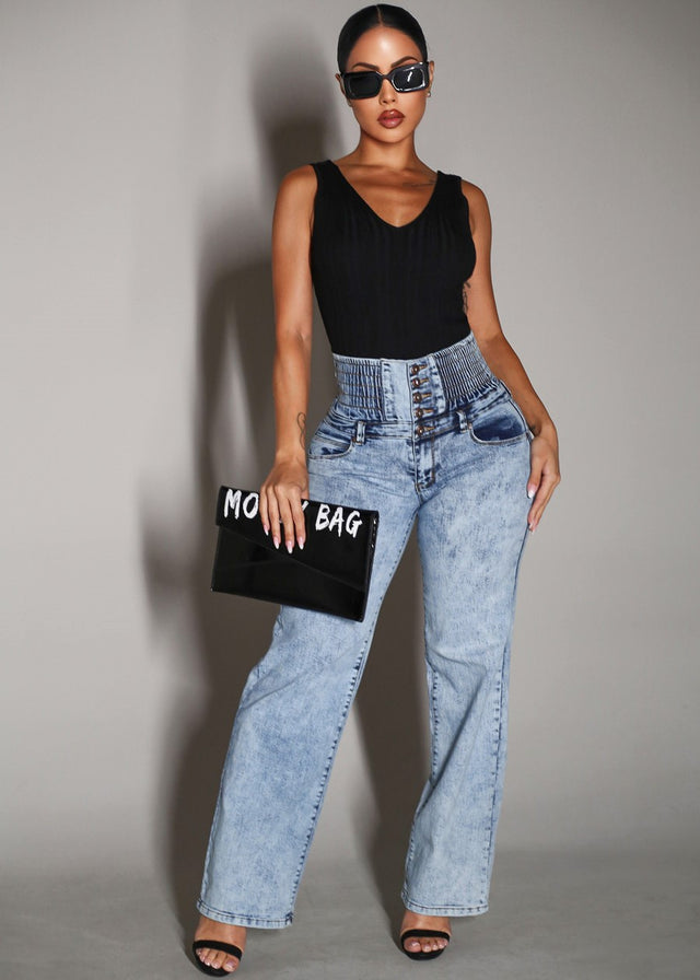 MX JEANS Butt Lift 5 Button Spandex Waist Straight Wide Leg Jeans Acid Wash