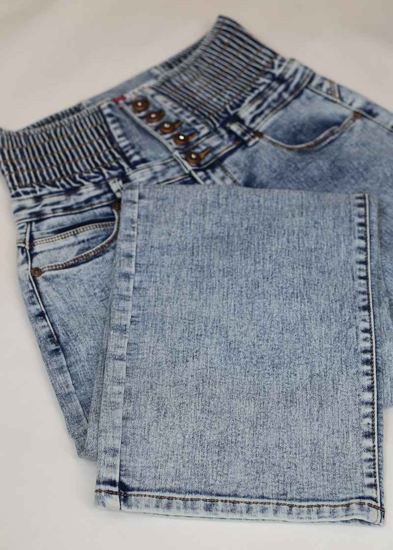 MX JEANS Butt Lift 5 Button Spandex Waist Straight Wide Leg Jeans Acid Wash