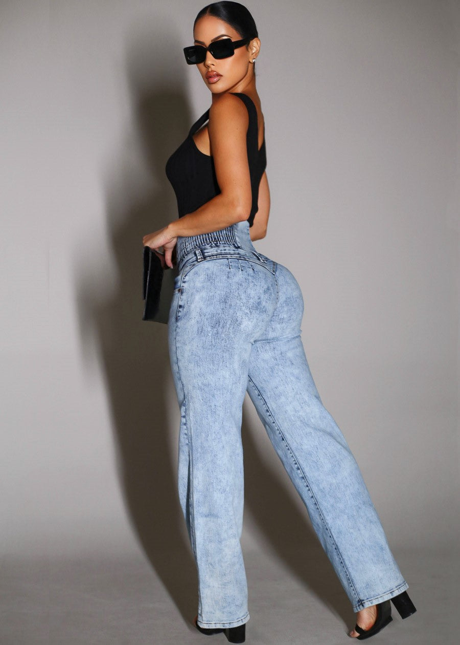 MX JEANS Butt Lift 5 Button Spandex Waist Straight Wide Leg Jeans Acid Wash