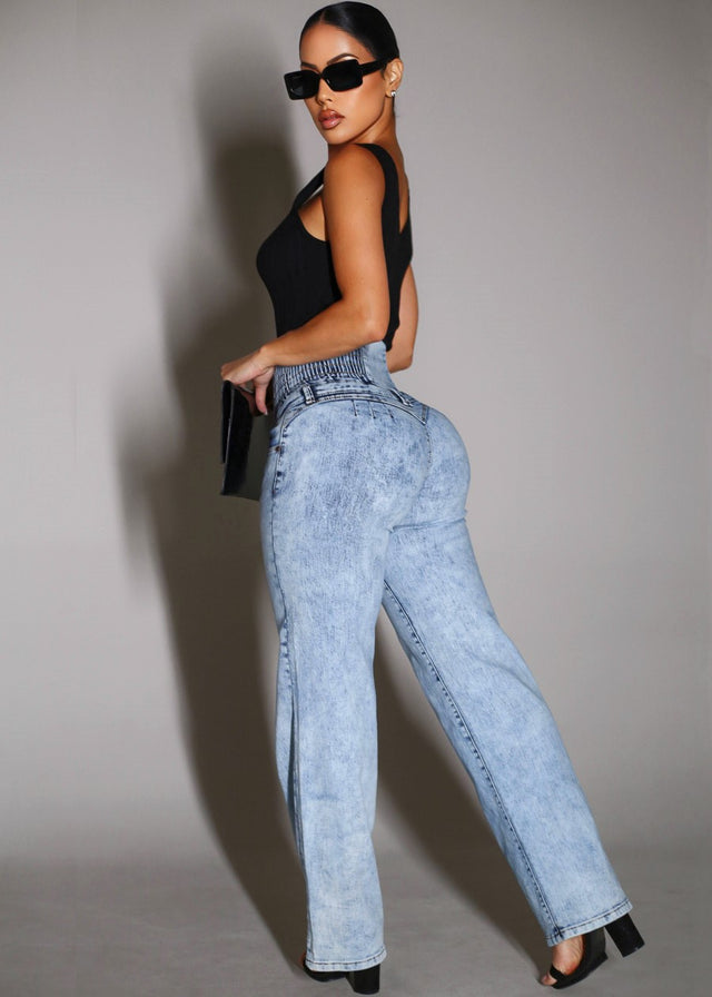 MX JEANS Butt Lift 5 Button Spandex Waist Straight Wide Leg Jeans Acid Wash
