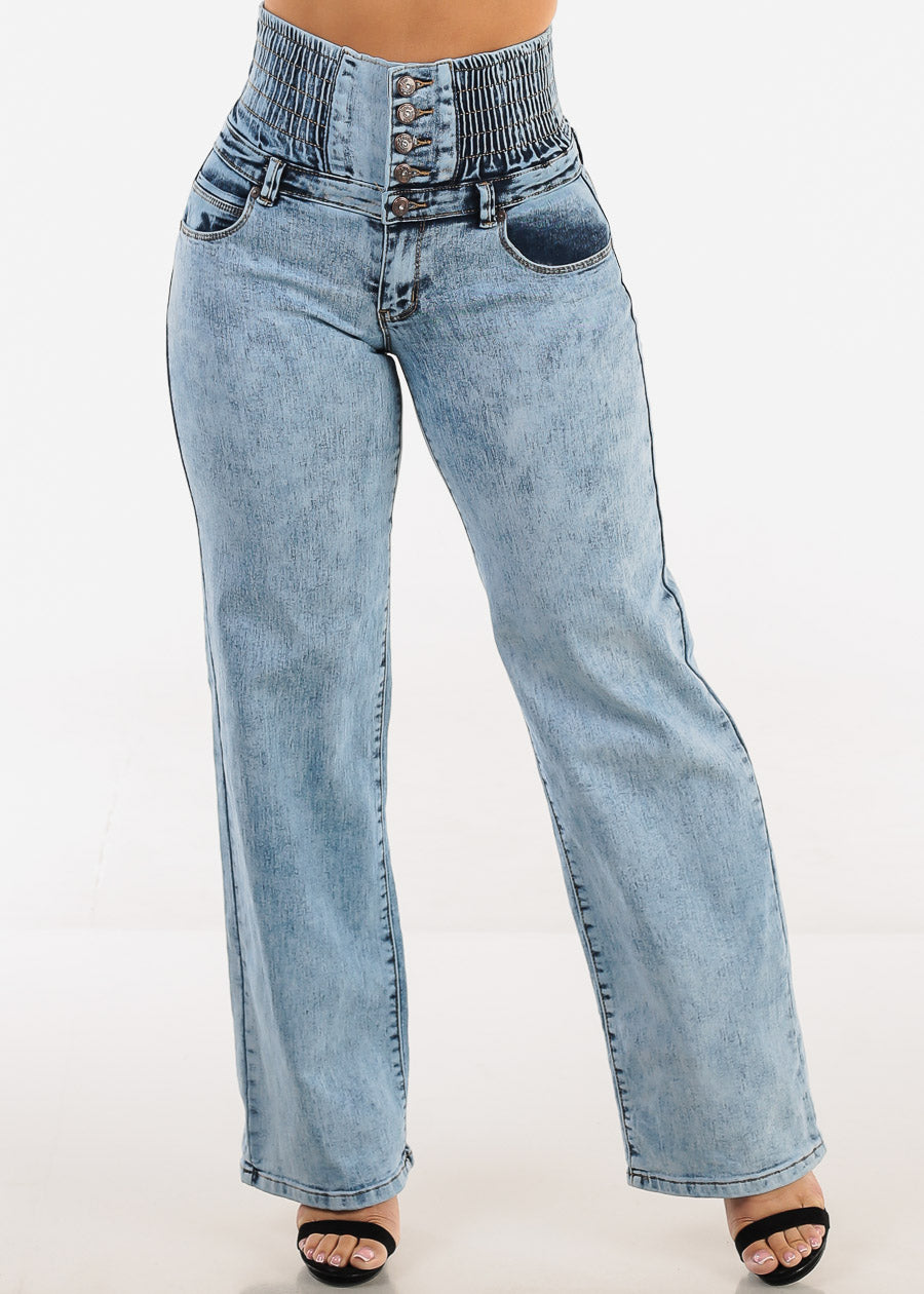 MX JEANS Butt Lift 5 Button Spandex Waist Straight Wide Leg Jeans Acid Wash