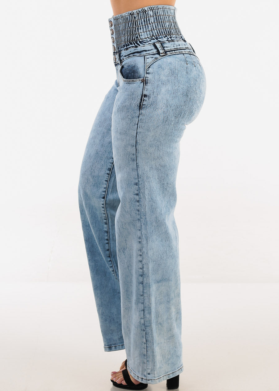 MX JEANS Butt Lift 5 Button Spandex Waist Straight Wide Leg Jeans Acid Wash
