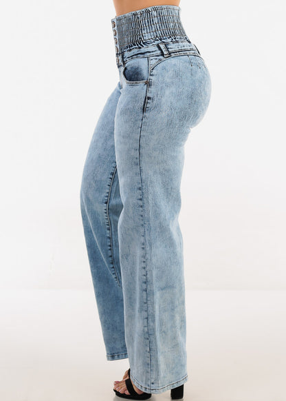 MX JEANS Butt Lift 5 Button Spandex Waist Straight Wide Leg Jeans Acid Wash