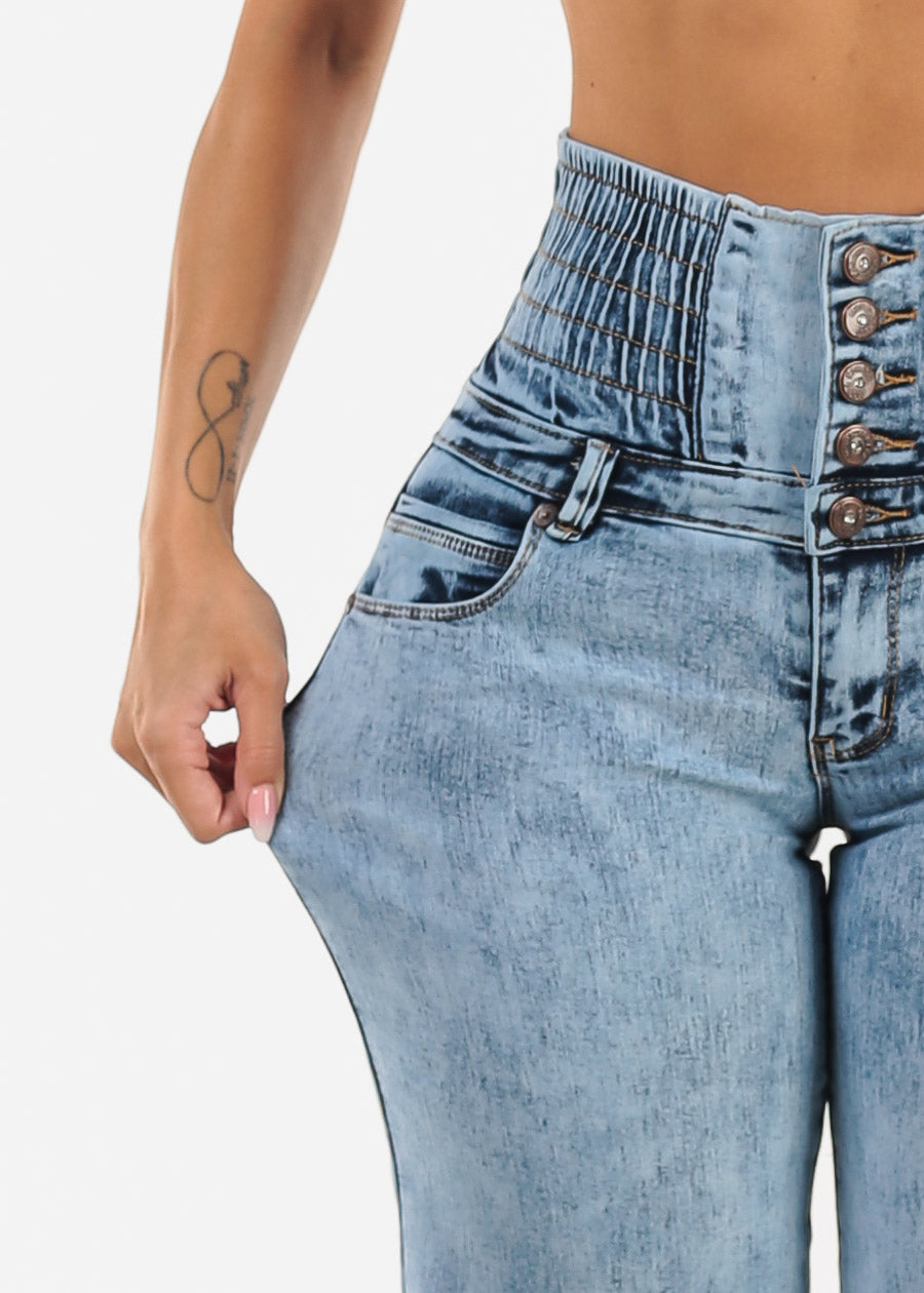 MX JEANS Butt Lift 5 Button Spandex Waist Straight Wide Leg Jeans Acid Wash