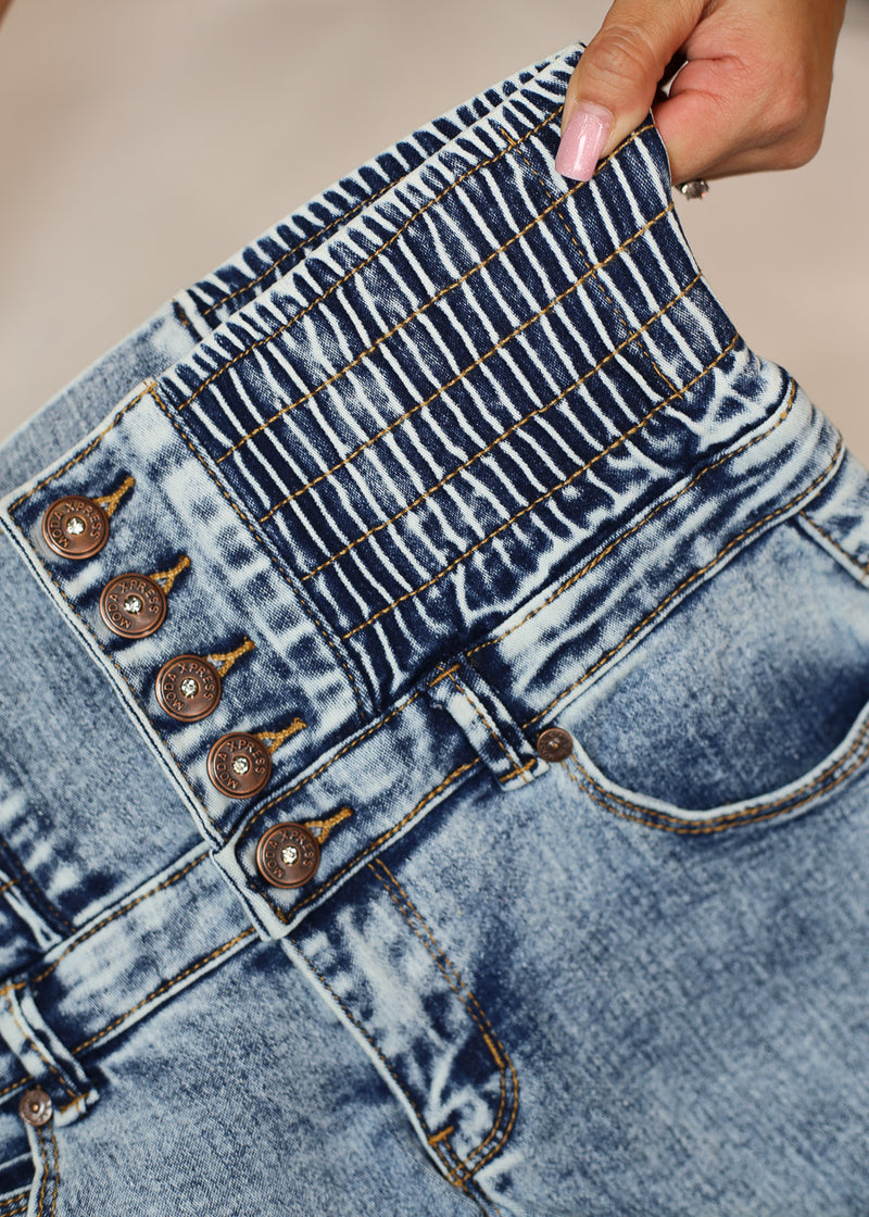 MX JEANS Butt Lift 5 Button Spandex Waist Straight Wide Leg Jeans Acid Wash