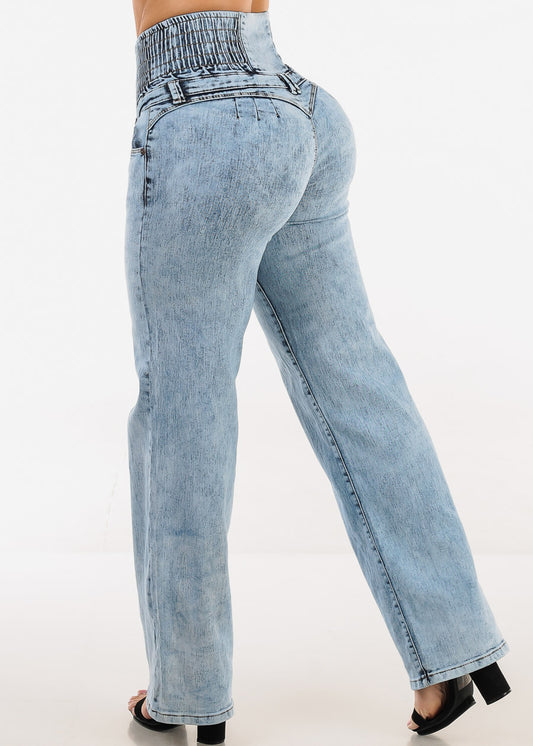 MX JEANS Butt Lift 5 Button Spandex Waist Straight Wide Leg Jeans Acid Wash