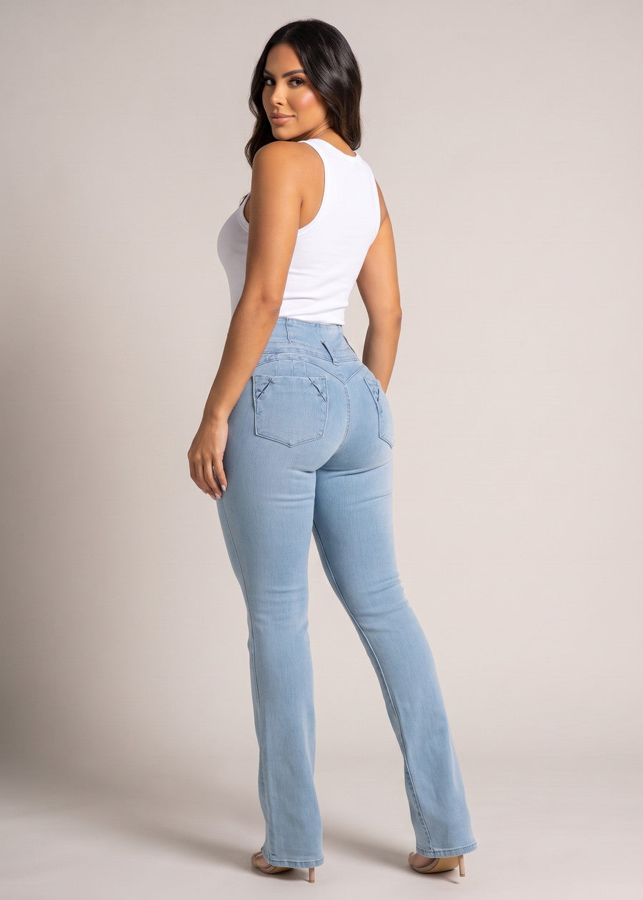 MX JEANS Butt Lifting Mid Rise Light Blue Bootcut Jeans, view 2 of 19