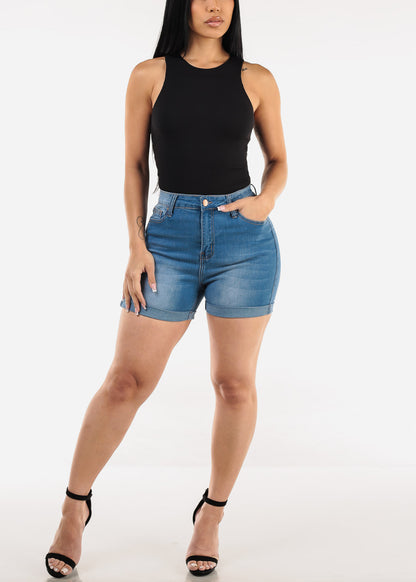 Super High Waist Stretchy Cuffed Denim Shorts Blue