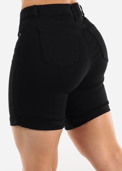 Stretchy Mid Rise Mid Thigh Cuffed Denim Shorts Black