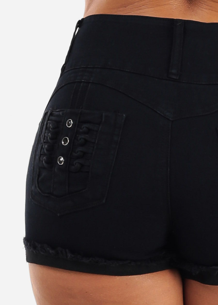 MX JEANS Butt Lift High Waist Stretch Cuffed Denim Shorts Black w Back Pocket Design