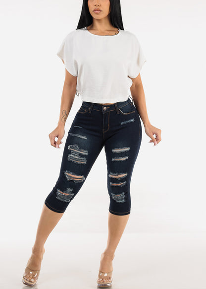 Stretchy Mid Rise Ripped Denim Capris Dark Blue