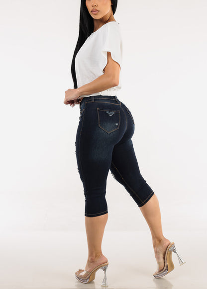 Stretchy Mid Rise Ripped Denim Capris Dark Blue