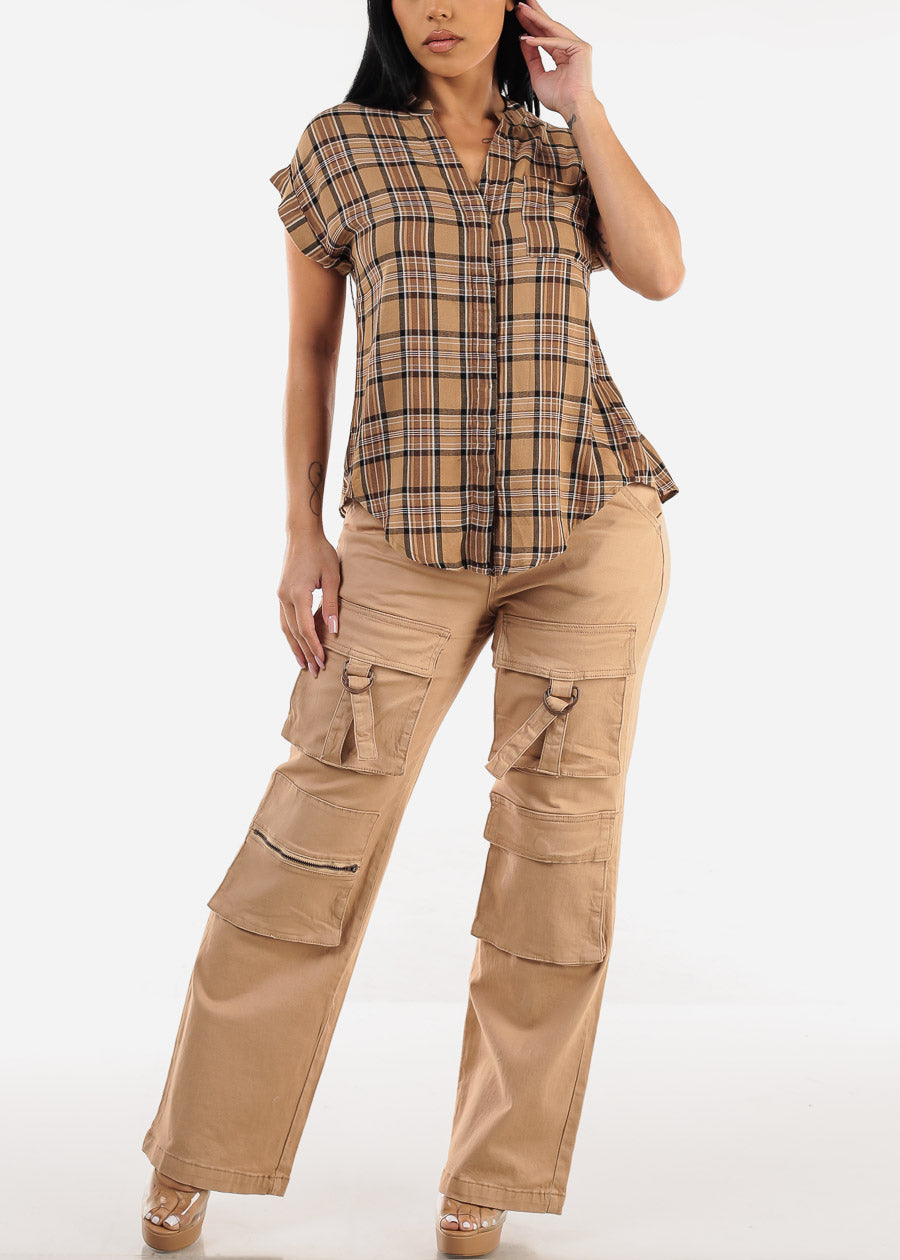 Super High Waist Straight Wide Leg Cargo Jeans Khaki