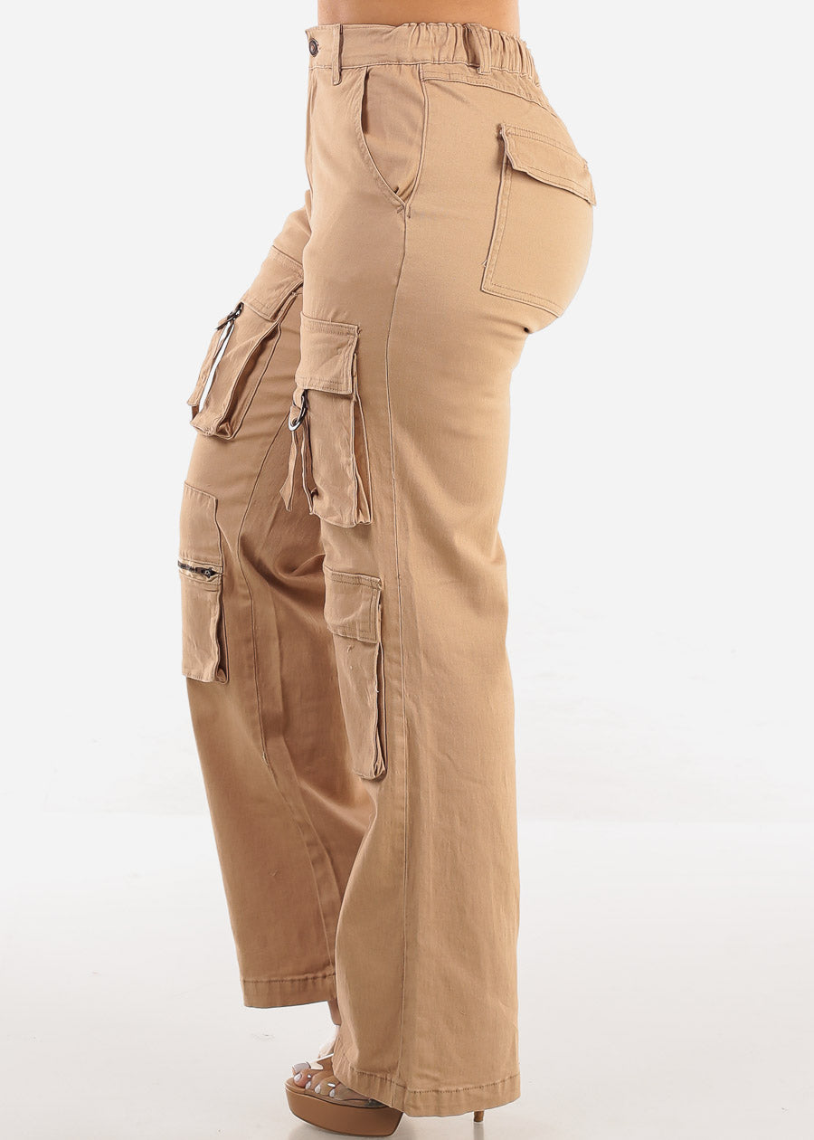 Super High Waist Straight Wide Leg Cargo Jeans Khaki