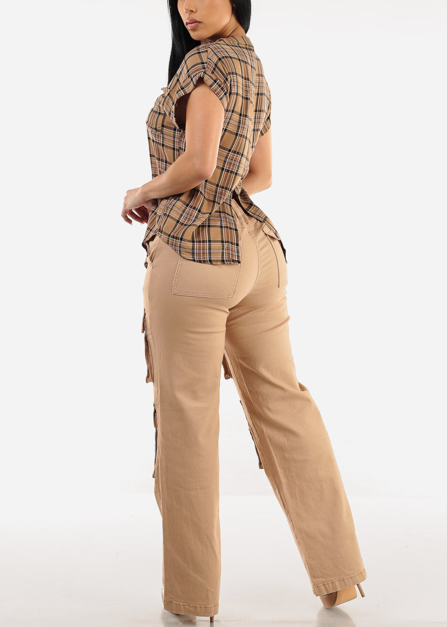 Super High Waist Straight Wide Leg Cargo Jeans Khaki