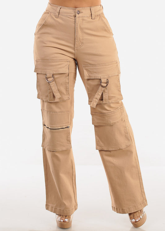 Super High Waist Straight Wide Leg Cargo Jeans Khaki