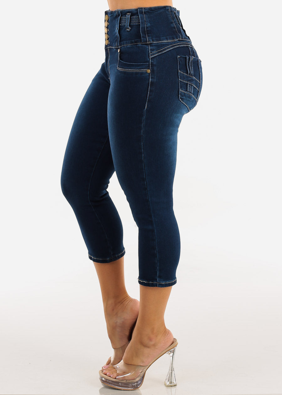 MX JEANS Butt Lift High Waist Stretch Denim Capris Dark Blue
