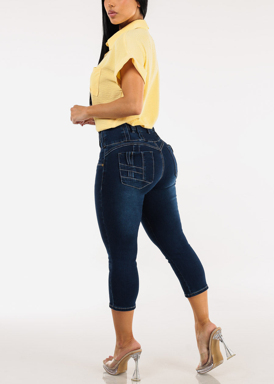 MX JEANS Butt Lift High Waist Stretch Denim Capris Dark Blue
