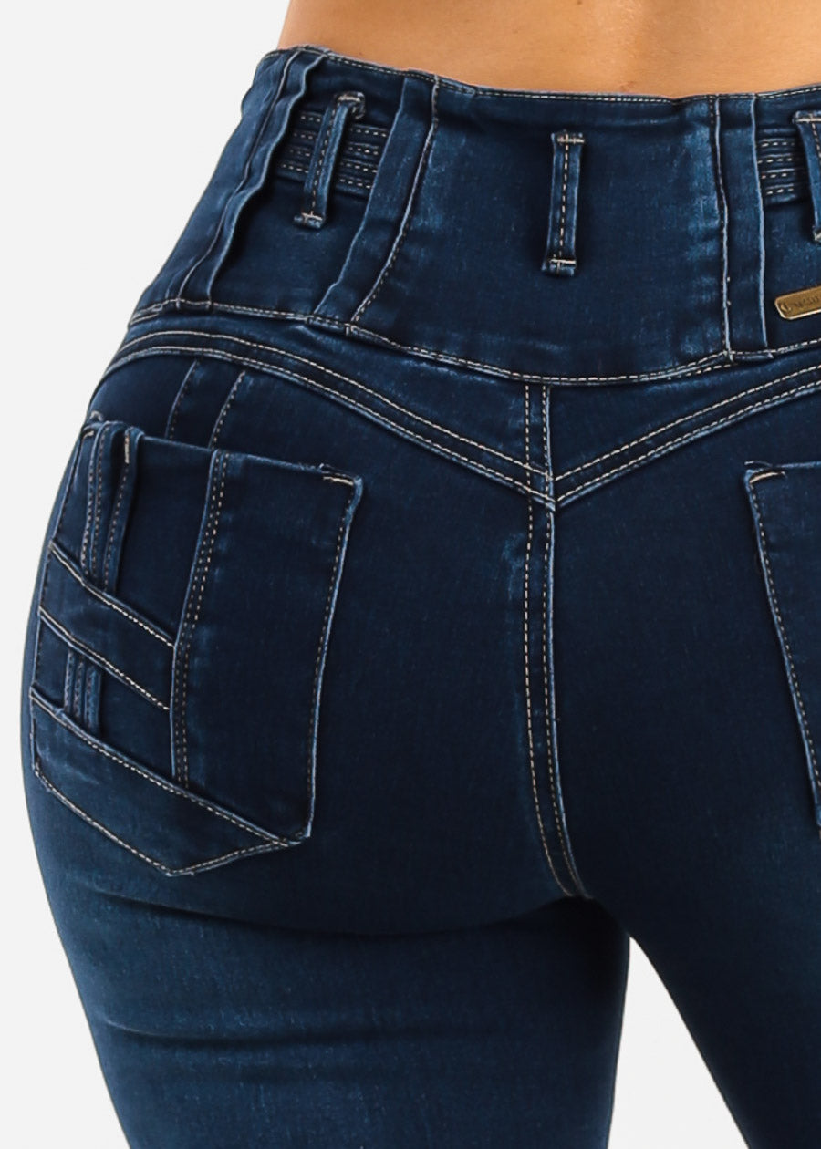 MX JEANS Butt Lift High Waist Stretch Denim Capris Dark Blue