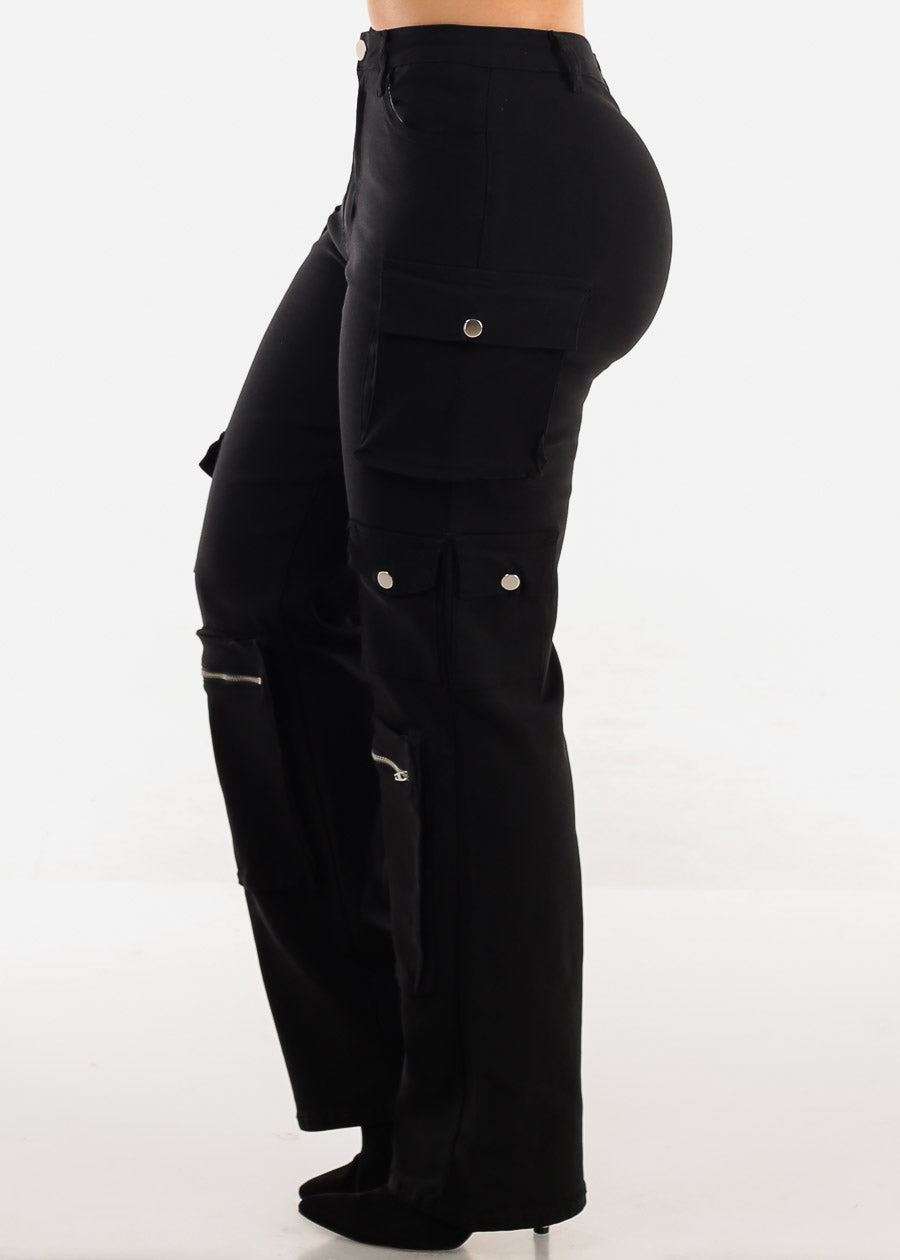 High Waist Black Hyper Stretch Cargo Pants