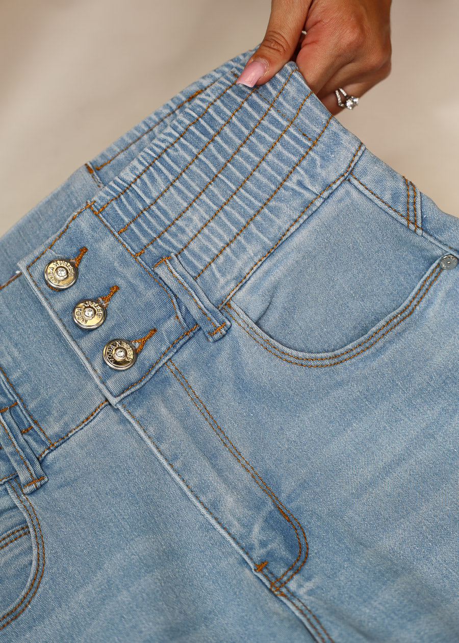 MX JEANS Butt Lift 3 Button Spandex Waist Straight Wide Leg Jeans Light Blue