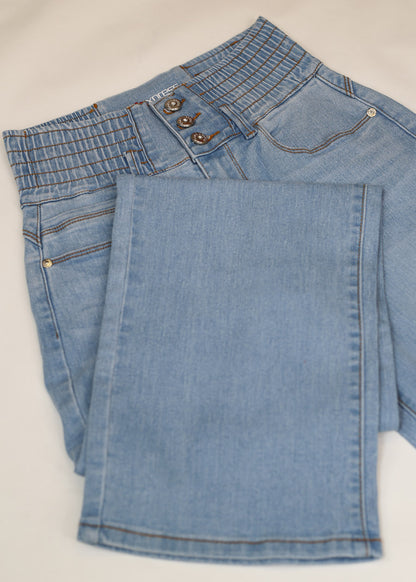 MX JEANS Butt Lift 3 Button Spandex Waist Straight Wide Leg Jeans Light Blue