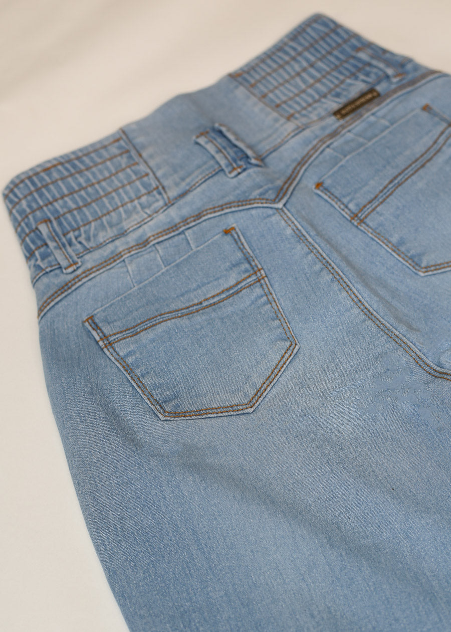 MX JEANS Butt Lift 3 Button Spandex Waist Straight Wide Leg Jeans Light Blue