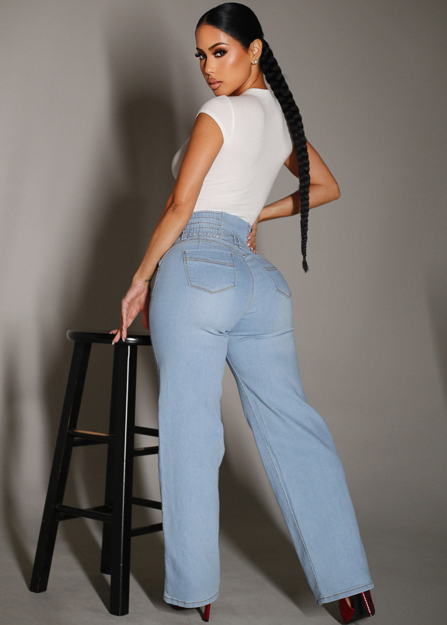 MX JEANS Butt Lift 3 Button Spandex Waist Straight Wide Leg Jeans Light Blue