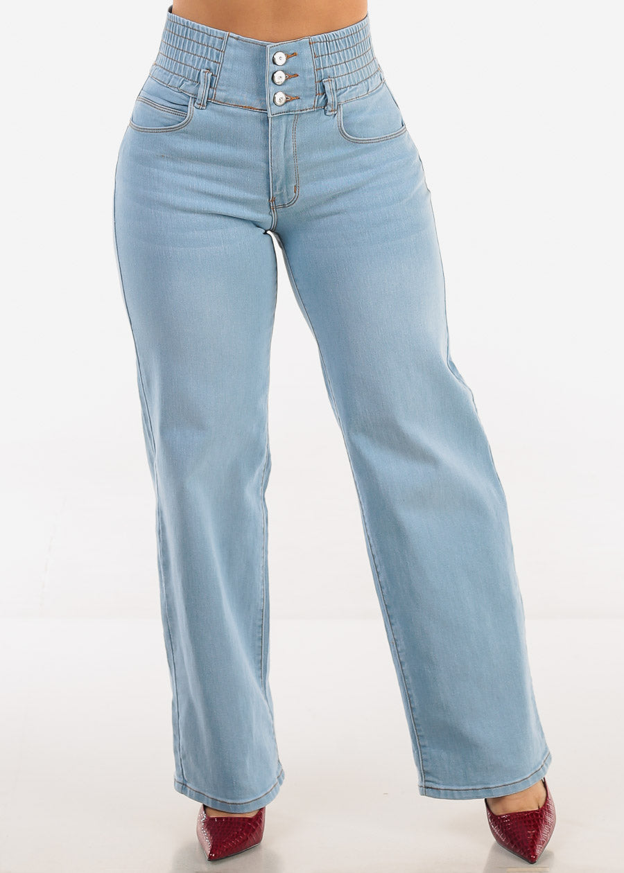 MX JEANS Butt Lift 3 Button Spandex Waist Straight Wide Leg Jeans Light Blue