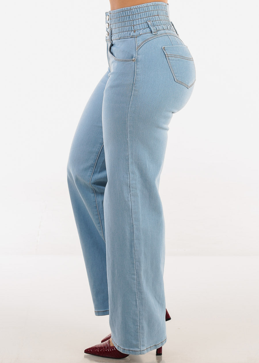 MX JEANS Butt Lift 3 Button Spandex Waist Straight Wide Leg Jeans Light Blue