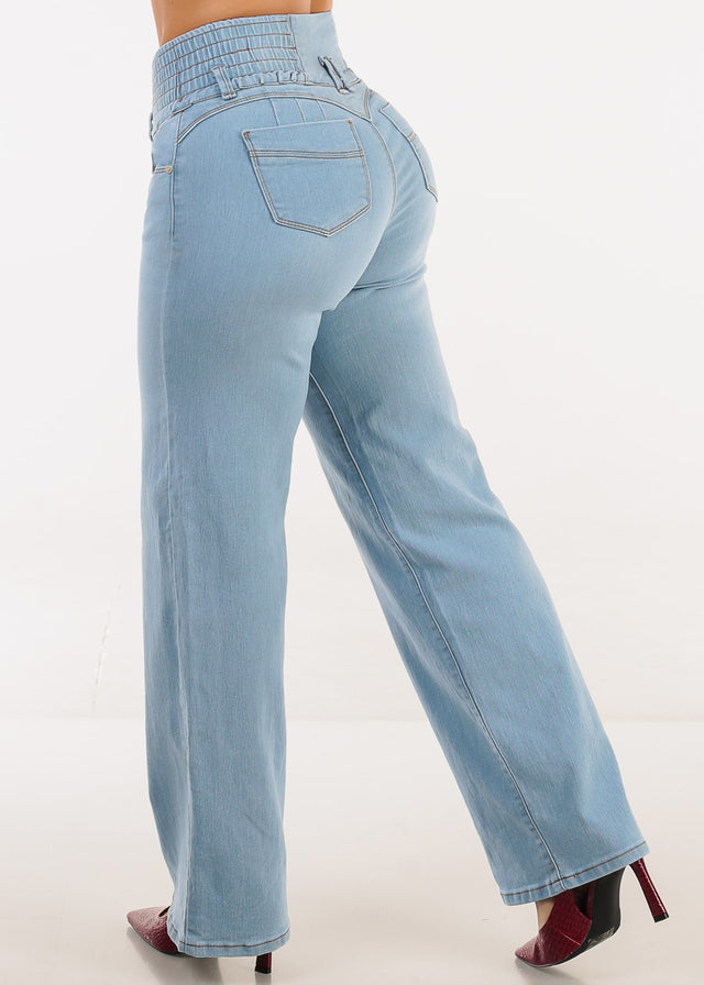 MX JEANS Butt Lift 3 Button Spandex Waist Straight Wide Leg Jeans Light Blue