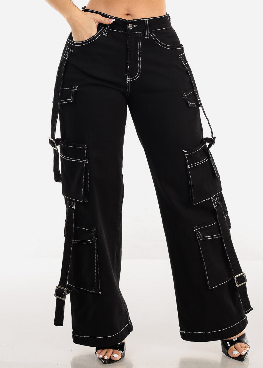 Butt Lifting Straight Wide Leg Stretchy Black Cargo Jeans