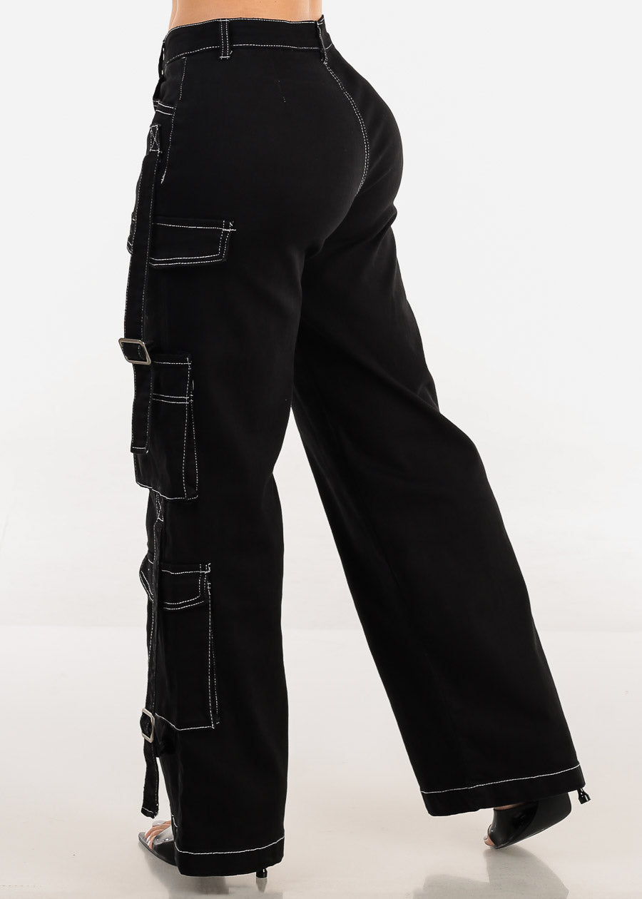 Butt Lifting Straight Wide Leg Stretchy Black Cargo Jeans