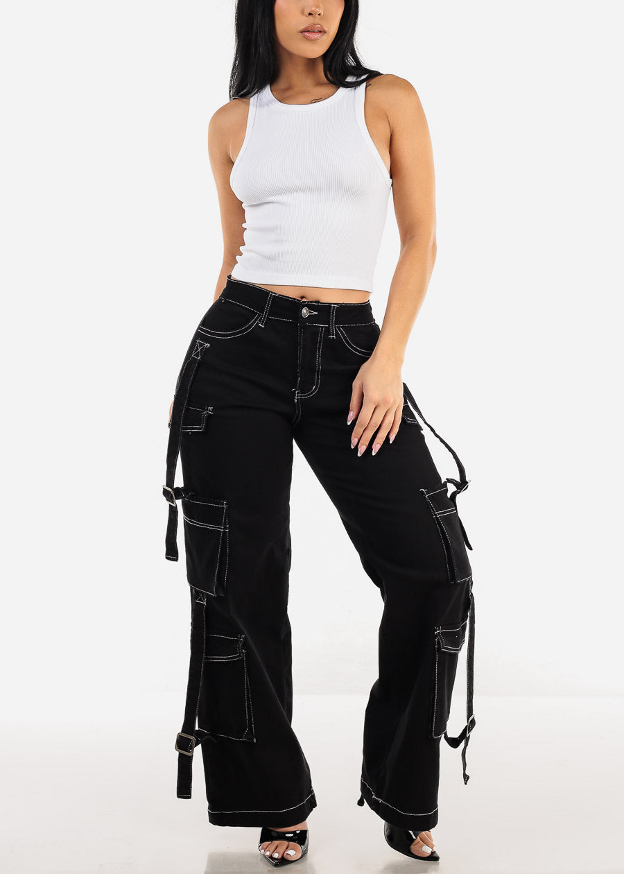 Butt Lifting Straight Wide Leg Stretchy Black Cargo Jeans