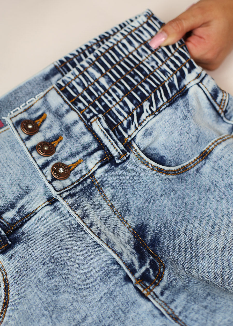 MX JEANS Butt Lift 3 Button Spandex Waist Straight Wide Leg Jeans Acid Wash