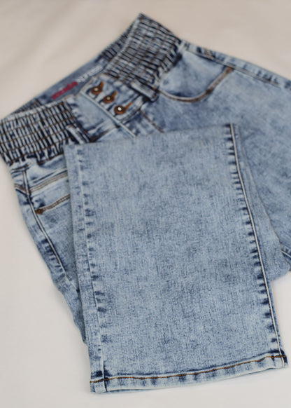 MX JEANS Butt Lift 3 Button Spandex Waist Straight Wide Leg Jeans Acid Wash