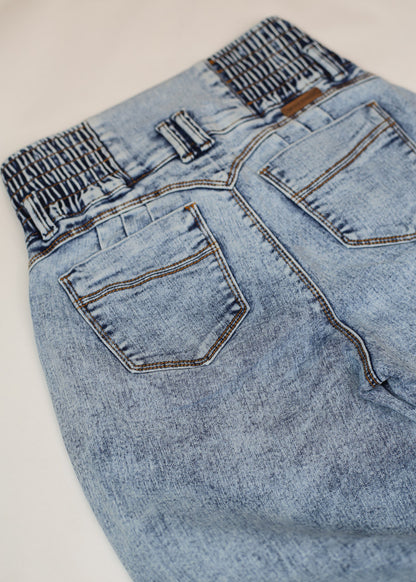 MX JEANS Butt Lift 3 Button Spandex Waist Straight Wide Leg Jeans Acid Wash