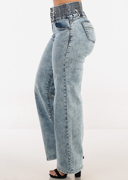 MX JEANS Butt Lift 3 Button Spandex Waist Straight Wide Leg Jeans Acid Wash