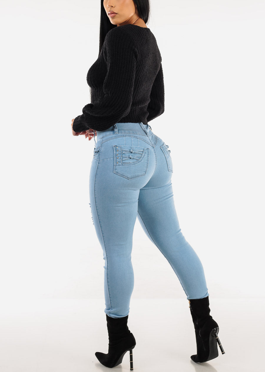 Butt Lift High Waist Distressed Light Skinny Jeans