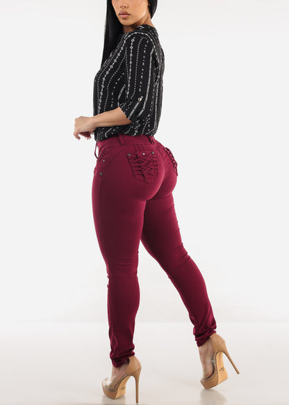MX JEANS Burgundy Butt Lift Levanta Cola Skinny Jeans