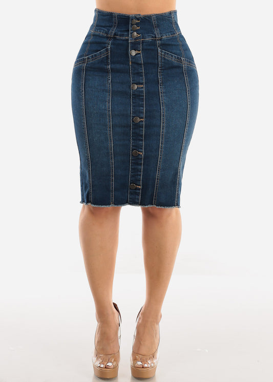 Button Up Denim Fringe Hem Pencil Skirt Dark Wash